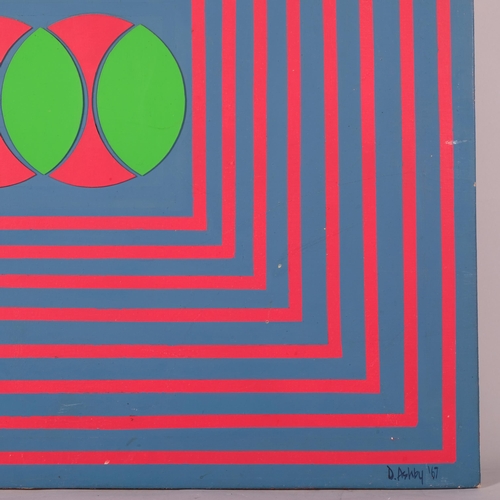 140 - D Ashby, abstract geometric composition, oil/collage on canvas, 1967, 71cm x 107cm, unframed