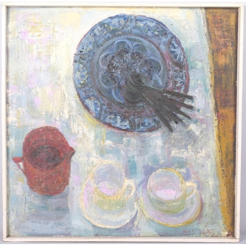 148 - Abstract still life, mid-20th century oil on board, unsigned, 61cm x 61cm, painted frame