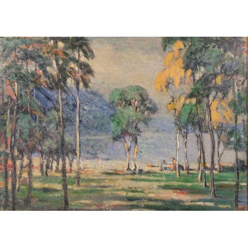 149 - Mid-20th century Finnish School, wooded coastal scene with figures, oil on board, unsigned, 50cm x 7... 