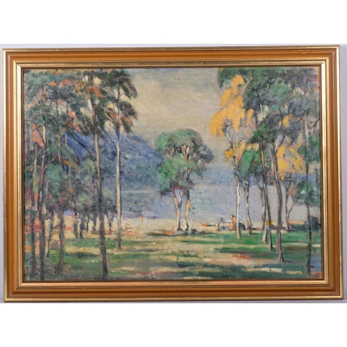 149 - Mid-20th century Finnish School, wooded coastal scene with figures, oil on board, unsigned, 50cm x 7... 