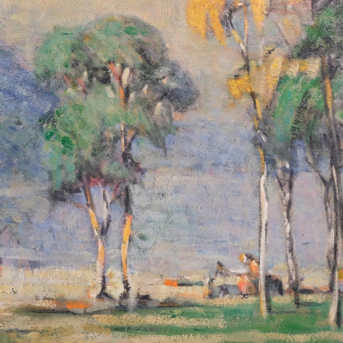 149 - Mid-20th century Finnish School, wooded coastal scene with figures, oil on board, unsigned, 50cm x 7... 