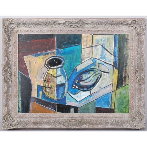 150 - Contemporary abstract sill life, oil on board, unsigned, 31cm x 45cm, framed