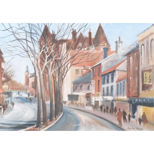 151 - David Poole (1936 - 1995), street scene, oil on board, 41cm x 59cm, framed