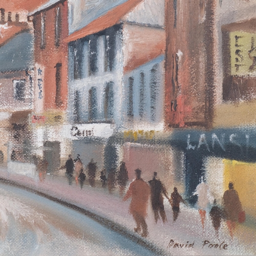 151 - David Poole (1936 - 1995), street scene, oil on board, 41cm x 59cm, framed