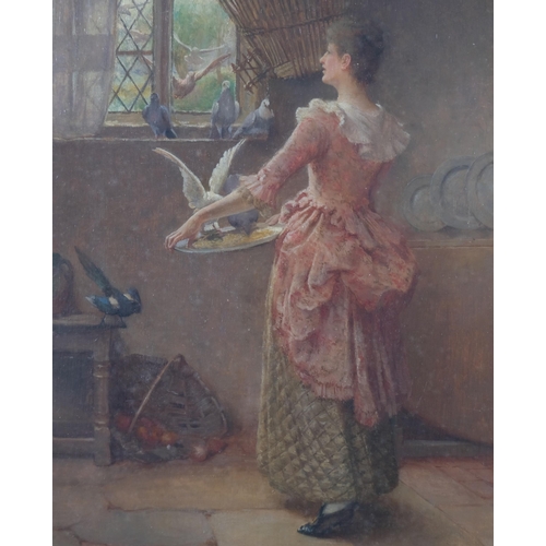 161 - John Scott Ri RBA (1850 - 1918), feeding the birds, oil on canvas, 45cm x 31cm, framed and glazed