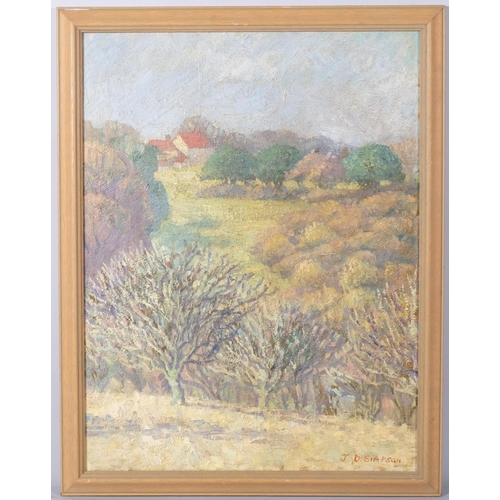 165 - J D Simpson, farm landscape, oil on board, 60cm x 46cm, framed