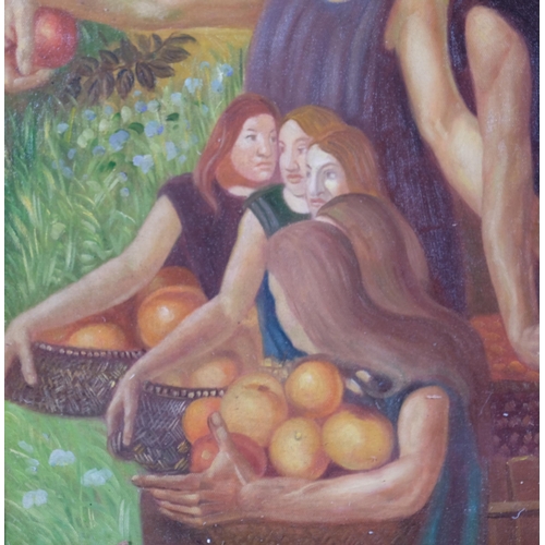 169 - Contemporary study of apple pickers, oil on canvas laid on board, 50cm x 60cm, framed