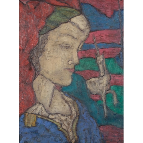 173 - Woman and unicorn, oil on wood panel, indistinctly signed, 40cm x 31cm, framed