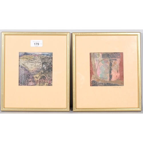 179 - Causse (French), pair of abstract compositions, mixed media paint/collage, image 10cm x 10cm, framed... 