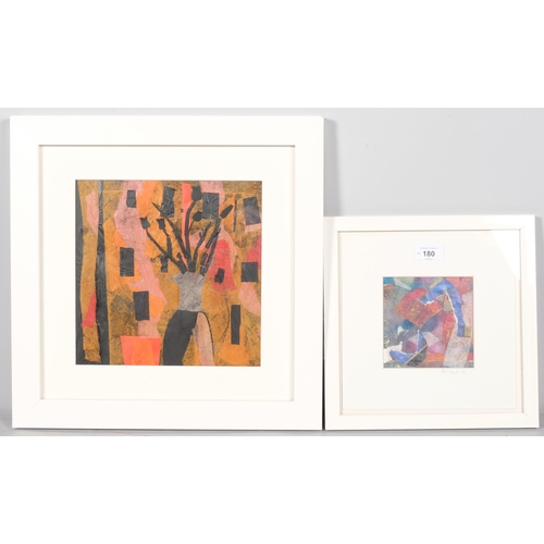 180 - Sue Petzaff, 2 abstract compositions, mixed media paint/collage, largest 24cm x 24cm, framed (2)