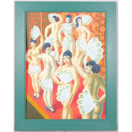 182 - Justin Todd, fan dance, 2003, oil on board, 71cm x 53cm, framed