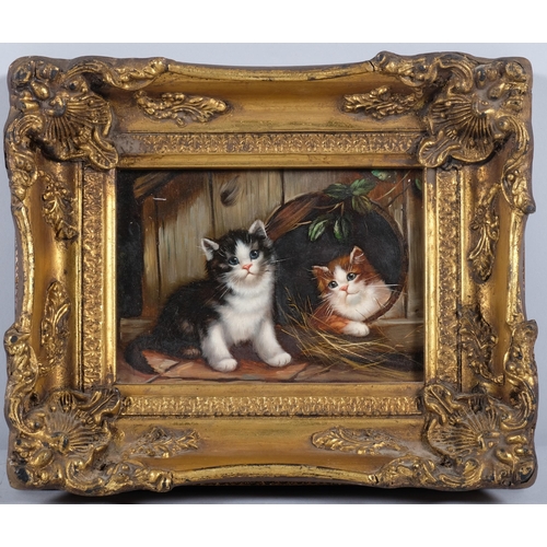 183 - Study of 2 cats, modern oil on board, gilt-gesso frame, overall frame dimensions 23cm x 28cm