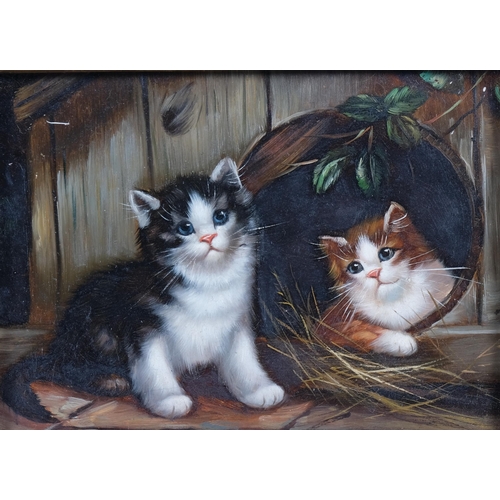 183 - Study of 2 cats, modern oil on board, gilt-gesso frame, overall frame dimensions 23cm x 28cm