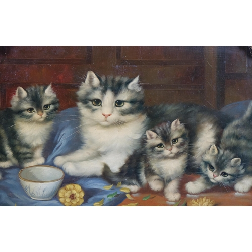 184 - Cats and kittens, modern oil on board, ornate gilt-gesso frame, overall frame dimensions 38cm x 48cm