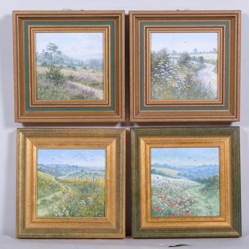 188 - Peter Jay, 4 meadow scenes, oils on board, framed, overall frame dimensions 23cm x 23cm (4)