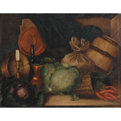 190 - 19th century English School, kitchen still life, oil on board, unsigned, 25.5cm x 33cm, unframed