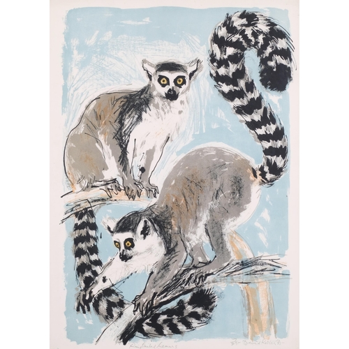 192 - David Koster (1926 - 2014), ring tailed lemurs, and monkeys on a branch, 2 colour screenprints, both... 