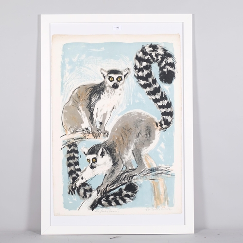 192 - David Koster (1926 - 2014), ring tailed lemurs, and monkeys on a branch, 2 colour screenprints, both... 