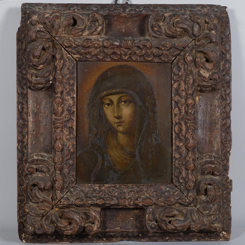 193 - Portrait of a woman, 17th/18th century oil on metal, 23cm x 19cm, in heavily relief carved and scrol... 