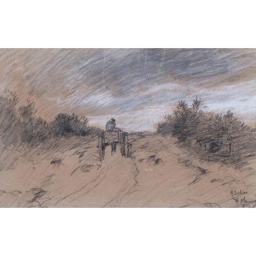 195 - Anton Mauve, cart in landscape, charcoal/chalk on paper, 23cm x 37cm, framed