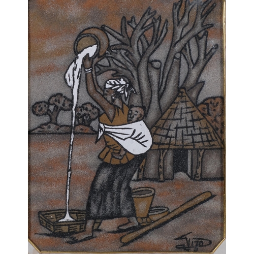 199 - African village scene, coloured sand painting, indistinctly signed, 40cm x 30cm, framed