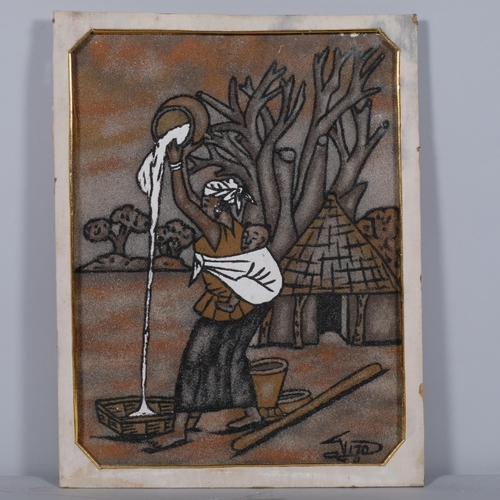 199 - African village scene, coloured sand painting, indistinctly signed, 40cm x 30cm, framed