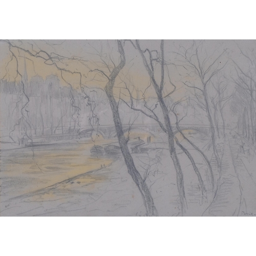 201 - Paris river scene, pencil/chalk sketch, circa 1900, 25cm x 35cm, framed