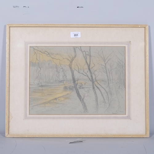 201 - Paris river scene, pencil/chalk sketch, circa 1900, 25cm x 35cm, framed