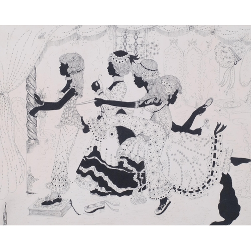 202 - Elizabeth Whelan, girls in a dressing room, pen and ink drawing, 1974, 39cm x 48cm, framed