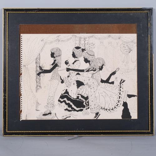 202 - Elizabeth Whelan, girls in a dressing room, pen and ink drawing, 1974, 39cm x 48cm, framed