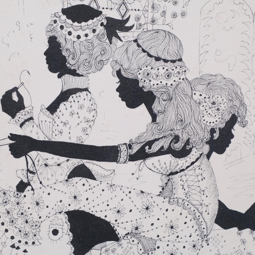 202 - Elizabeth Whelan, girls in a dressing room, pen and ink drawing, 1974, 39cm x 48cm, framed