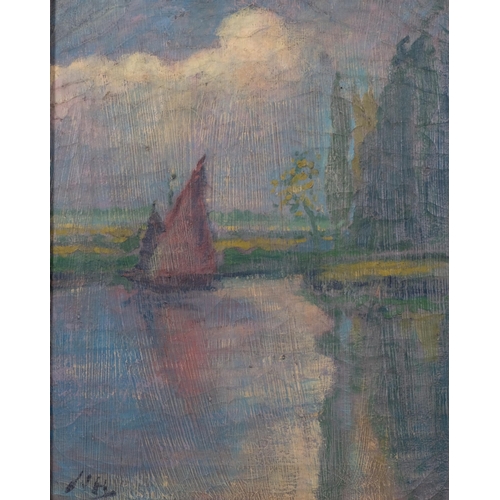 204 - Sailing boat on a river, textured oil on canvas, indistinctly signed, 38cm x 31cm, framed