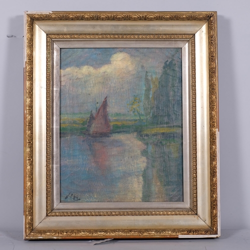 204 - Sailing boat on a river, textured oil on canvas, indistinctly signed, 38cm x 31cm, framed