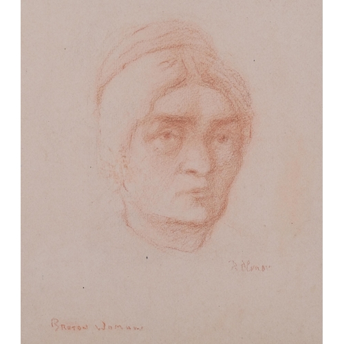 208 - Head of a woman, sanguine chalk on red paper, unsigned, 18cm x 18cm, mounted