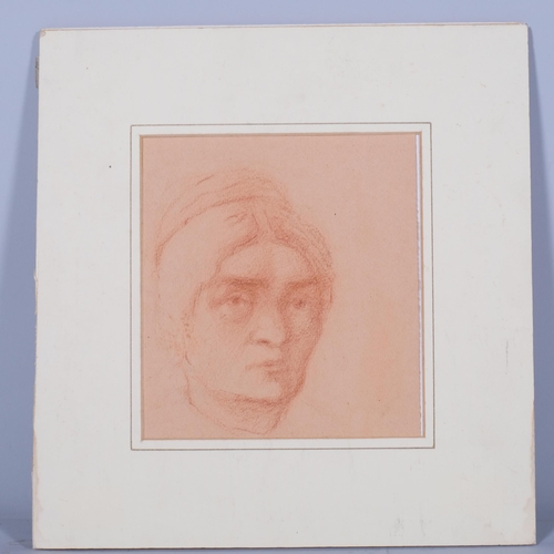 208 - Head of a woman, sanguine chalk on red paper, unsigned, 18cm x 18cm, mounted