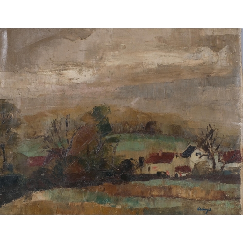 209 - Rural landscape, unstretched oil on canvas, indistinctly signed, 40cm x 50cm, unframed