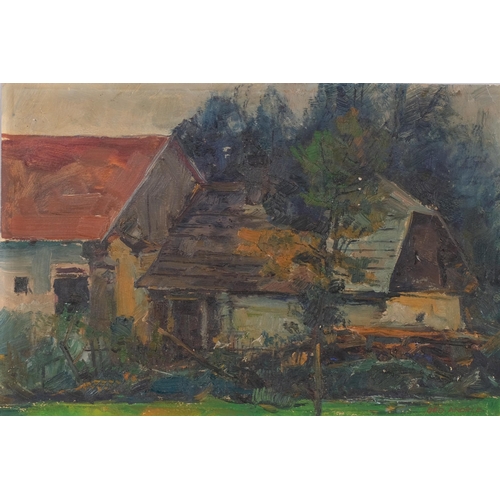 213 - Bedrich Andrle (1904 - 1967), farm buildings, oil on paper, 28cm x 43cm, unframed