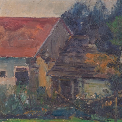 213 - Bedrich Andrle (1904 - 1967), farm buildings, oil on paper, 28cm x 43cm, unframed