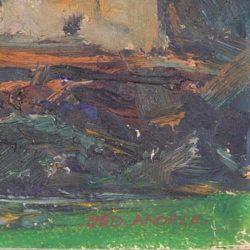 213 - Bedrich Andrle (1904 - 1967), farm buildings, oil on paper, 28cm x 43cm, unframed