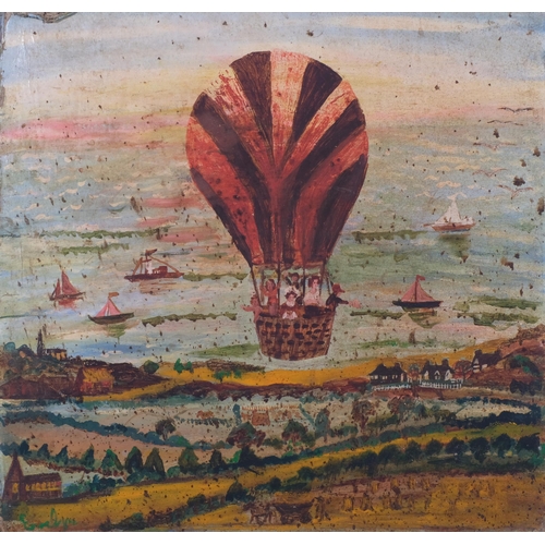 214 - Hot air balloon, primitive oil on board, indistinctly signed, 46cm x 46cm, unframed