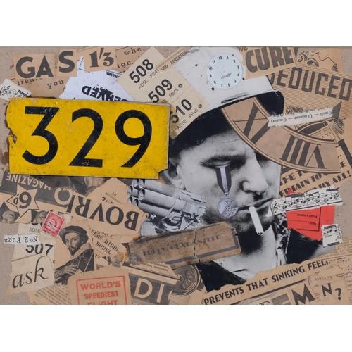 217 - Mid-20th century Dada collage, indistinctly signed, image 29cm x 39cm, aluminium frame