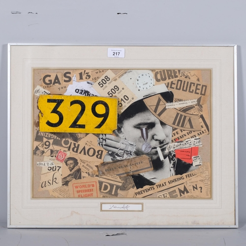 217 - Mid-20th century Dada collage, indistinctly signed, image 29cm x 39cm, aluminium frame