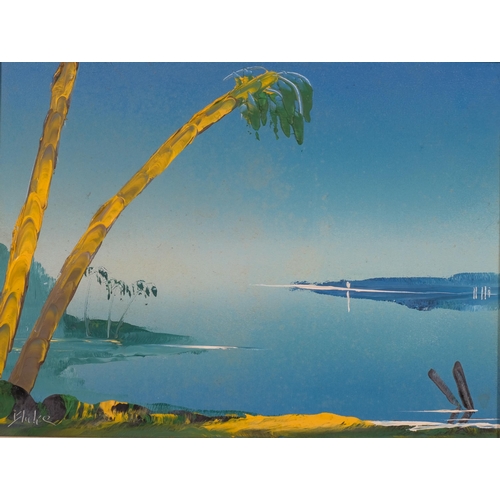 220 - William Blake (Kimbolton Studio), tropical island scene, oil on board, 30cm x 40cm, framed