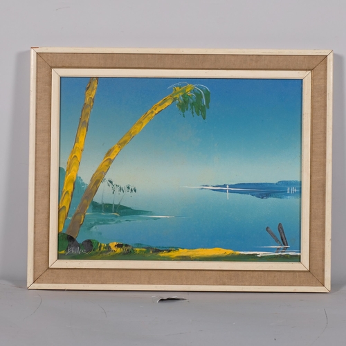 220 - William Blake (Kimbolton Studio), tropical island scene, oil on board, 30cm x 40cm, framed