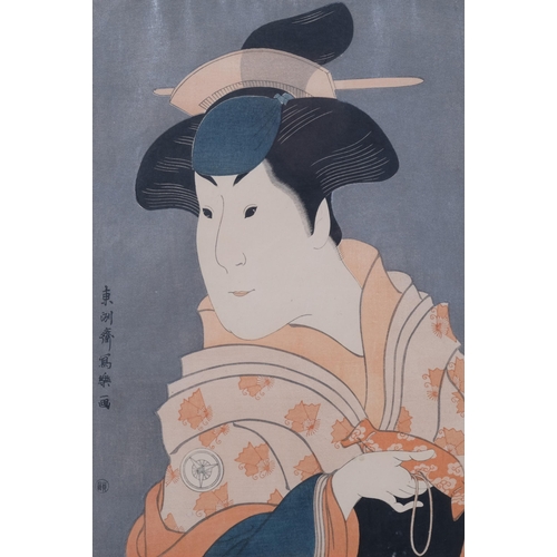 222 - Sharaku, the actor Hanshiro IV as Shigenci, Meiji Period Japanese woodblock print with mica ground, ... 