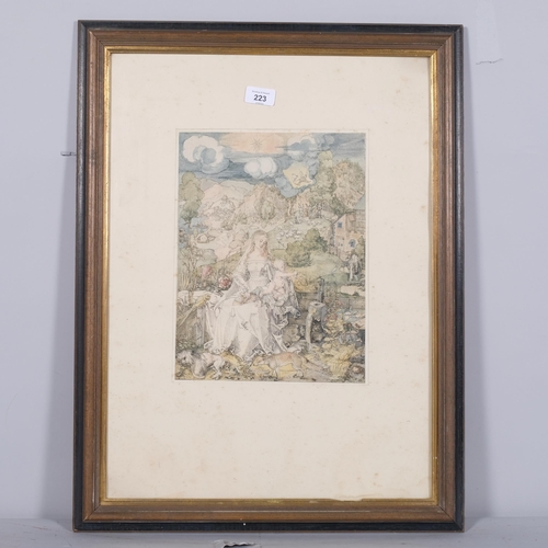 223 - After Albrecht Durer, the Madonna of the animals, coloured engraving, image 31cm x 24cm, framed