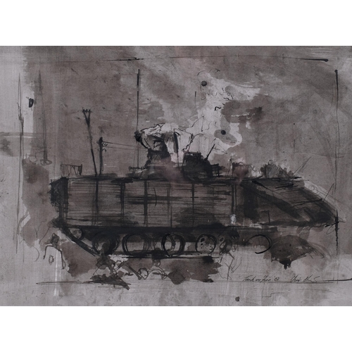 233 - Tim Shaw, tank on fire, 2007, ink and wash, 31cm x 42cm, framed