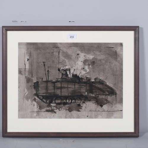 233 - Tim Shaw, tank on fire, 2007, ink and wash, 31cm x 42cm, framed