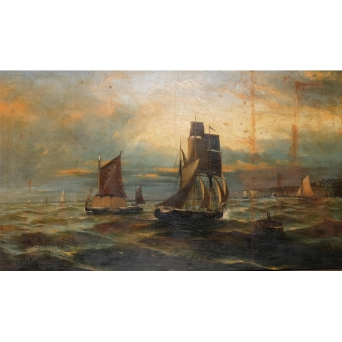 331 - Eugene Fletcher, shipping off the coast at sunset, 75cm x 125cm, framed