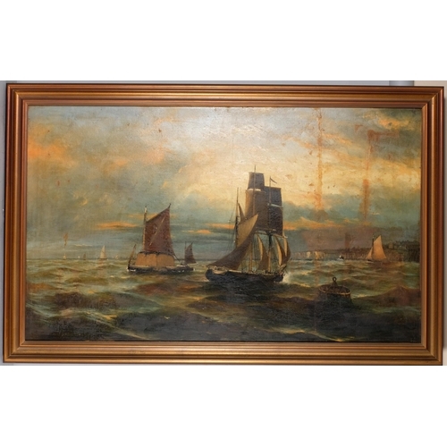 331 - Eugene Fletcher, shipping off the coast at sunset, 75cm x 125cm, framed